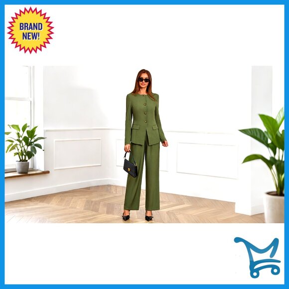 Long Sleeve Blazer Wide Leg Pant Suit Set Business Casual Office Wear - Picture 7 of 7